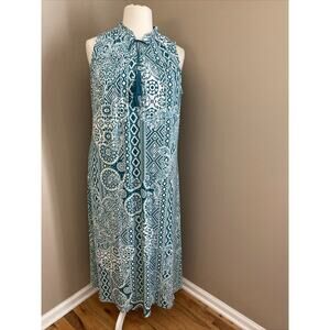 Chicos Teal Green White Geometric Medallion Print Jersey Maxi Dress Size XXL